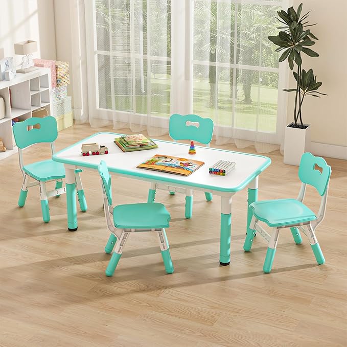 INFANS Kids Table and Chiar Set, Height Adjustable Toddler Desk and 4 Chairs with Graffiti Desktop Non-Slip Legs, Large 47" L x 23.5" W Multi-Activity Art Table for Daycare Classroom Home (Green)