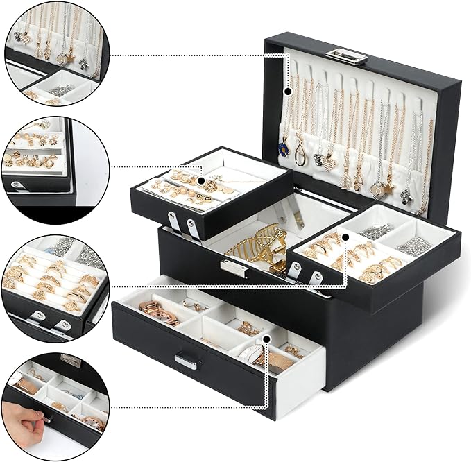 Dajasan Jewelry Boxes for Women Girls, Jewelry Organizer Box, 3 Layers Jewelry Storage Organizer for Earring, Ring, Necklace, Bracelets (Black)