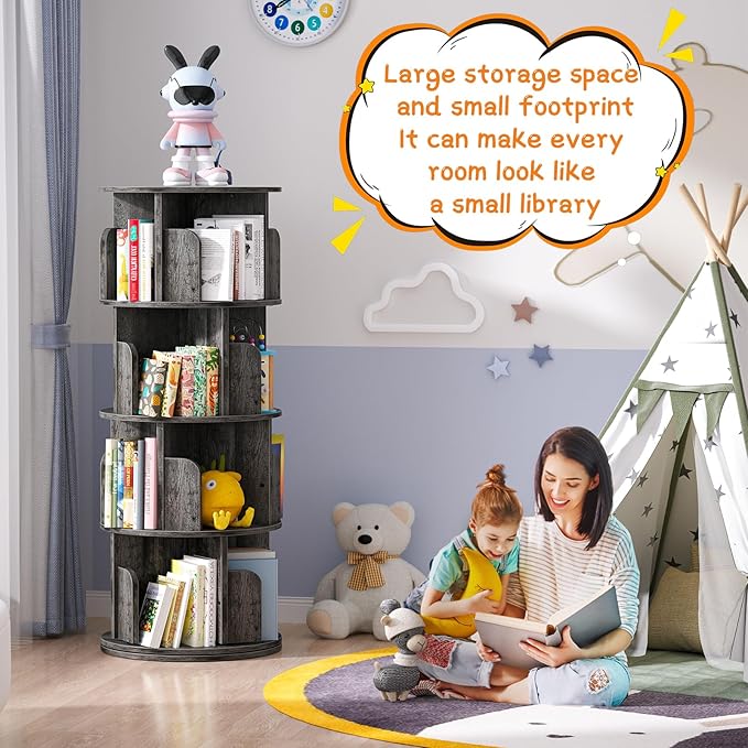 Rotating Bookshelf, Wood Corner Bookshelf, 360 Display Spinning Bookcase Storage Rack, 4 Tier Floor Standing Revolving Bookcase Narrow Book Shelf Organizer for Small Space, Bedroom, Grey Oak