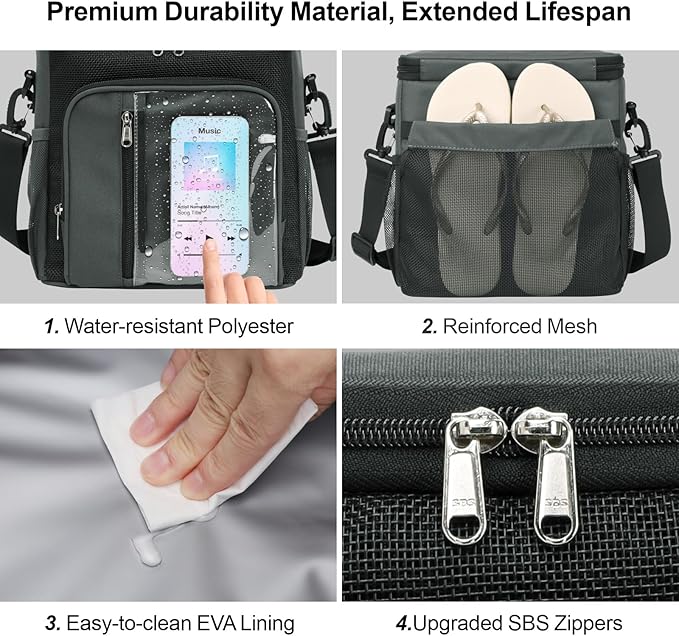 F-color Hanging Shower Caddy Portable - College Dorm Essentials for Girls Guys with Hooks, Soft Crossbody Shoulder Strap, Multiple Pockets, Quick-Dry Shower Bag for Dorm Travel Essentials, Dark Grey