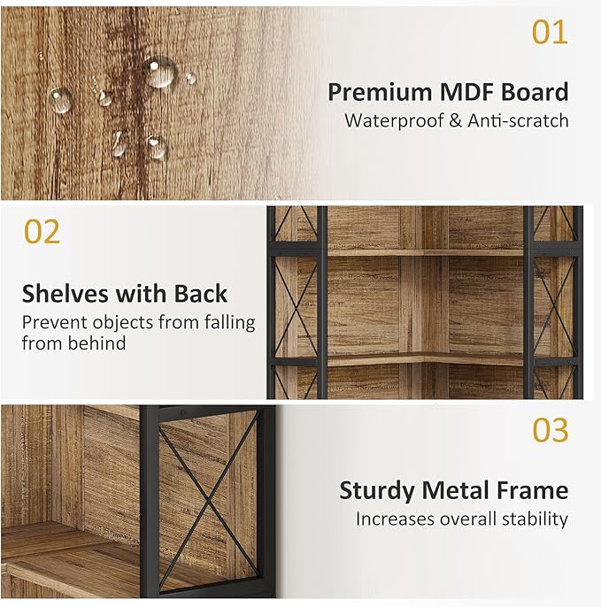 5-Tier L Shaped Bookshelf, Vintage Industrial Corner Bookcase, Large Tall Storage Shelves Display Rack with Metal Frame for Living Room, Home Office, Bedroom, Light Brown