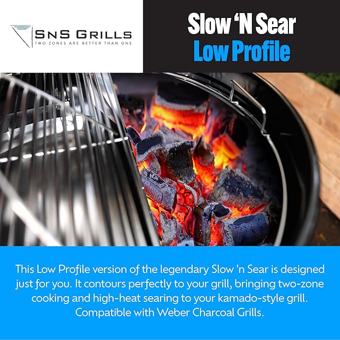 SnS Grills Slow ‘N Sear Charcoal Inserts for Low ‘N Slow & High-Heat Cooking - Patented Stainless Steel Accessories for Kettle Grills - Low Profile 22"
