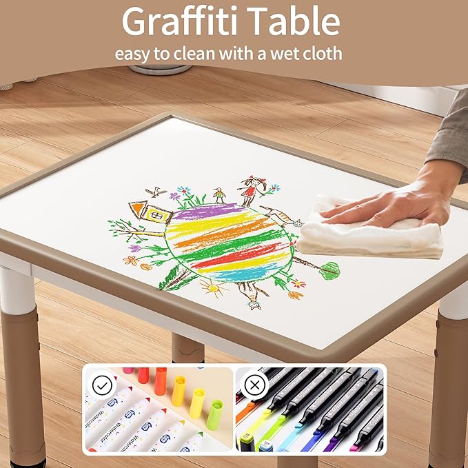 Toddler Table and 2 Chairs, Kids Table and Chair Set Height Adjustable, 31.5''L x 23.6''W Multifunctional Graffiti Desktop for Reading, Drawing, Eating, for Girls & Boys Age 2-10, Brown-02