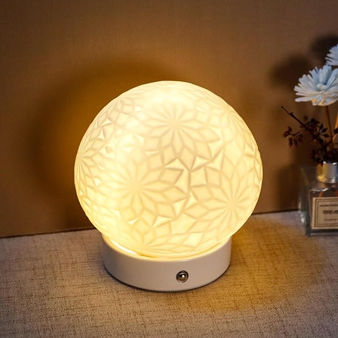 JHY DESIGN Ceramic Spherical Decorative lamp 6.5" H Rechargeable Table Lamp Dimmable Touch Control Desk lamp for Home Bedroom Living Room Outdoors(Snowflake)