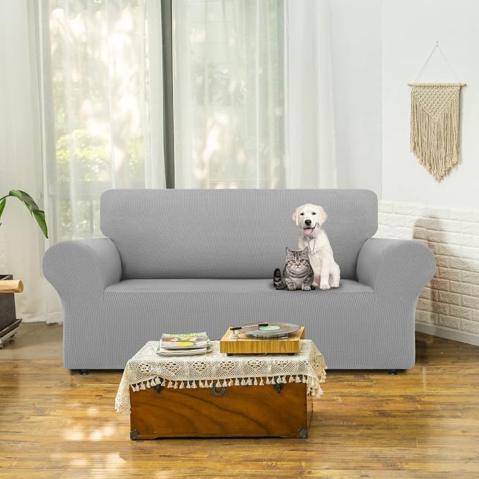 LURKA Stretch Loveseat Sofa Slipcovers 1 Piece Couch Covers for Sofa Furniture Protector Full Sofa Covers with Elastic Bottom for Kids and Dog (Medium, Sliver)