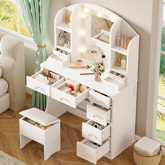 IRONCK Vanity Desk with Mirror and Lights, Makeup Vanity Table with 10 Drawers, Jewelry Organizer, Power Outlet, Storage Stool, and 3 Lighting Colors, White Vanity for Women Girls Bedroom