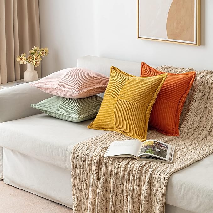 MIULEE Decorative Throw Pillow Covers for Couch Bed Livingroom 16x16 Inch Set of 2 Fall Mustard Yellow Boho Accent Throw Pllows Broadside Striped Patchwork Soft Corduroy Pillowcases