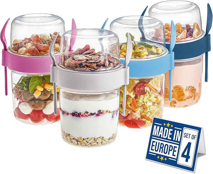 Crystalia Yogurt Parfait Cups with Lids, BPA FREE Reusable Yogurt Containers with Lids and Spoons, Take and Go Yogurt Cup with Topping Cereal or Oatmeal Container, Colorful Set of 4 (Large 22 oz)