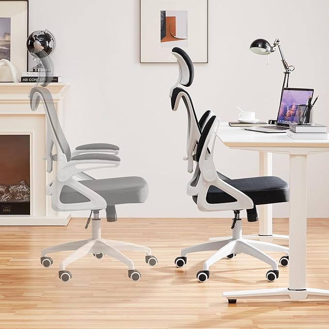 Yaheetech Ergonomic Mesh Office Chair, High Back Desk Chair with with flip-up Armrests, Adjustable Padded Headrest Computer Chair with Lumbar Support for Home Oiffce Game Room, White/Black