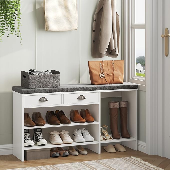 Maupvit Shoe Storage Bench with Cushion, Shoe Bench with Padded Seat, Entryway Storage Bench with Drawer, 2 Compartments, Wood Shoe Rack for Bedroom, Closet, Living Room, Hallway (White)