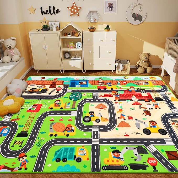 Kids Rug Play Mat for Toy Cars, 59"×39.4" Construction Site Road Traffic for Playroom Kids City Engineering Car Road Play Mat Non-Slip Washable Carpet Toddlers Boys Room Family Playtime