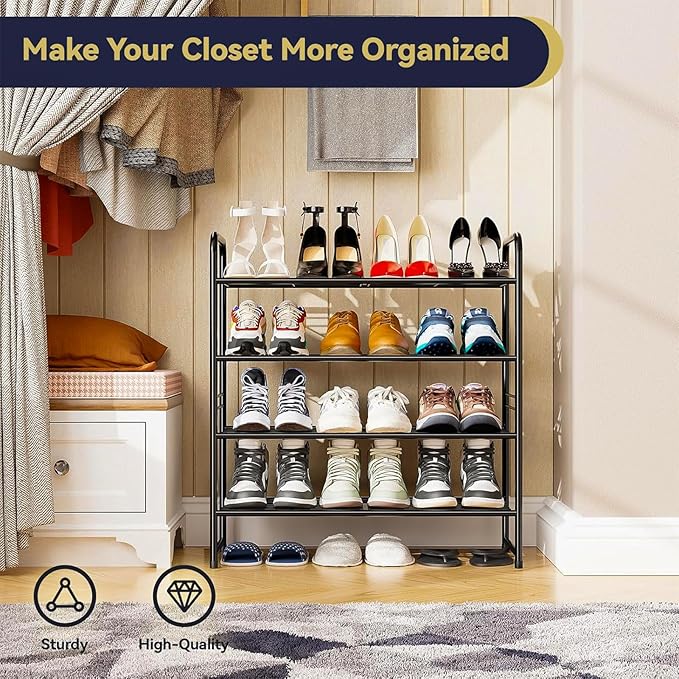 4-Tier 27” Wide Shoe Rack for Closet, Metal Stackable Shoe Shelf Organizer, Holds 14 Pairs, Black