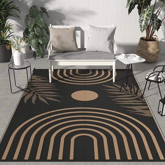 GENIMO Outdoor Rug 6' x 9' Waterproof for Patio Clearance, Reversible Plastic Straw Camping Carpet, Lightweight Rugs Mats for Rv, Backyard, Deck, Porch, Picnic, Balcony, Mix-Black & Brown