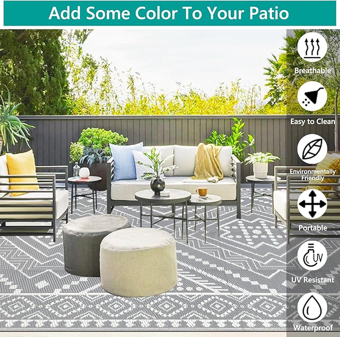 Waterproof Outdoor Rug 9x12 ft, Reversible Plastic Straw Mat, Large Floor Mat for Patio, Camping, Picnic, Backyard RV, Deck, Grey