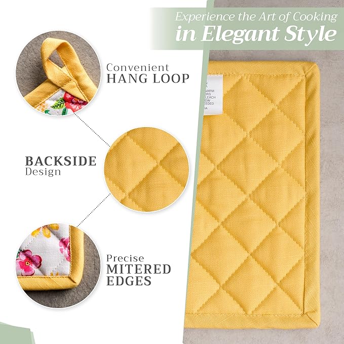 Maison d' Hermine Pot Holders 100% Cotton Heat Resistant Potholders 8" x 8" Hot Pads with Loop BBQ, Cooking, Grilling, Kitchen, Handling Hot Pans Spring/Summer (Pack of 1, Happy Florals - Sweety)