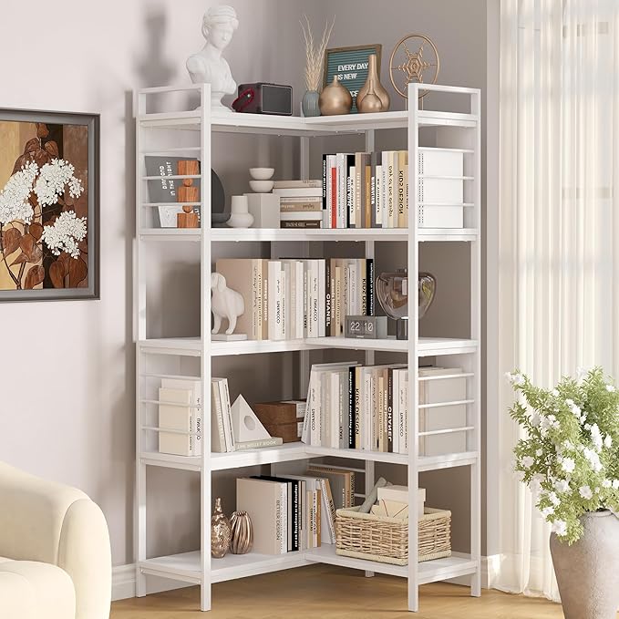 5 Tier Corner Bookshelf, Reversible Corner Shelf, Industrial Wooden Display Book Shelf Stand, L-Shaped Etagere Bookcase with Storage Shelves and Metal Frame for Living Room, Bedroom, Home Office