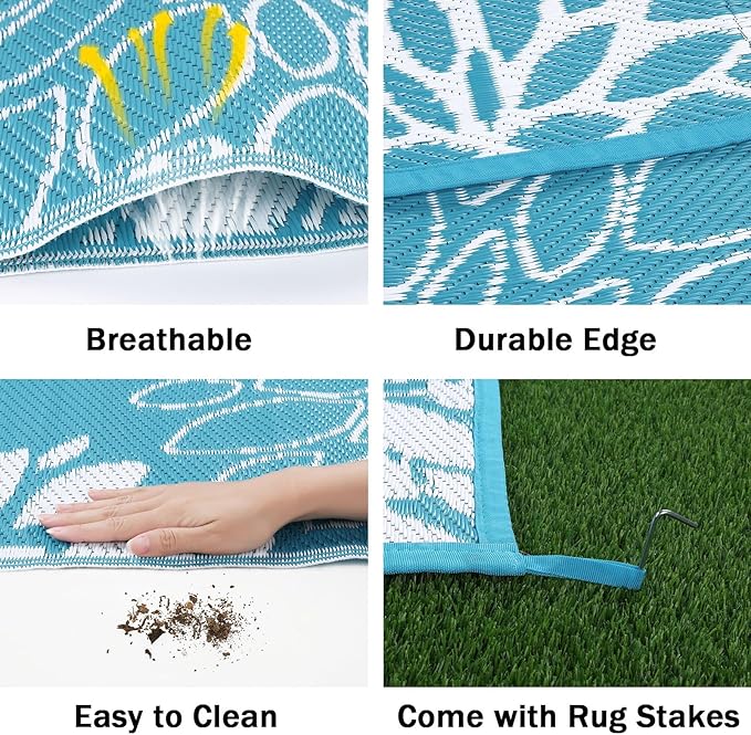Ileading Reversible Outdoor Rug 5x8Ft Waterproof Patio Rug Carpet Portable Outdoor Plastic Straw Rug Large RV Camping Mat Rug for Patio, Clearance, Deck, Beach, Porch, Camping, Picnic, Flower Teal