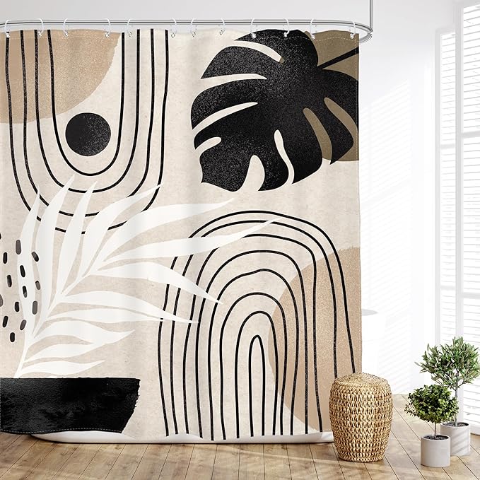 Glawry Boho Black Brown Beige Shower Curtain Modern Mid Century Abstract Tropical Palm Leaf Bathroom Minimalist Geometric Arch 72Wx72L Inches Bath Accessories Art Home Decor Fabric 12 Pack Hooks