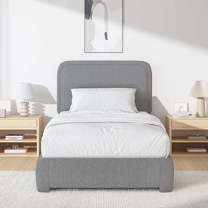 BarnFurin Twin Size Bed Frame, Boucle Upholstered Platform Bed with Headboard, Modern Style, Soft Rounded Corners, No Box Spring Required, Easy Assembly, Light Grey