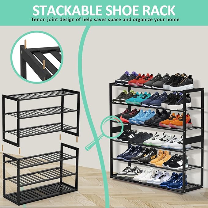 Bamboo Shoe Rack for Closet, Stackable 3 Tier Longer Shoe Organizer Shelf Holder Storage 12-15 Pairs for Entryway Door Hallway Bedroom Garage Space Saving Foldable Black