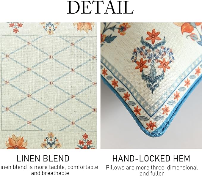 Design Square Linen Throw Pillow Covers 18"x18" Pack of 2, Blue Floral Country Cushion Covers with Colorful Wildflower Pattern Decor Pillowcases for Bed,Living Room,Outdoor,Car