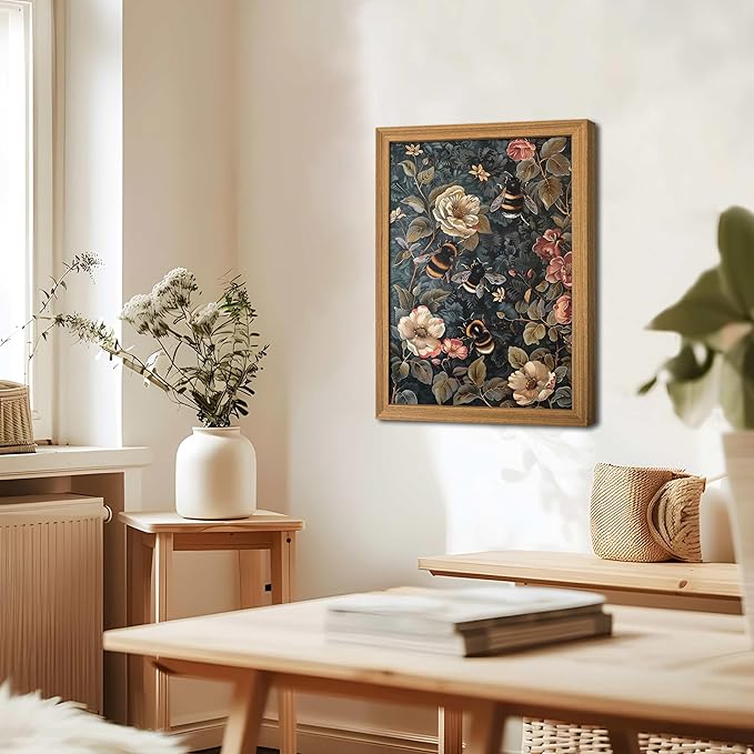 AKWISH Framed 3D Textured Vintage Wall Art - Dark Academia Bumble Bee Hand Drawn Sandstone Paintings with Botanical Florals, Aesthetic Wall Decor for Living Room Bedroom Home 12x16 inch