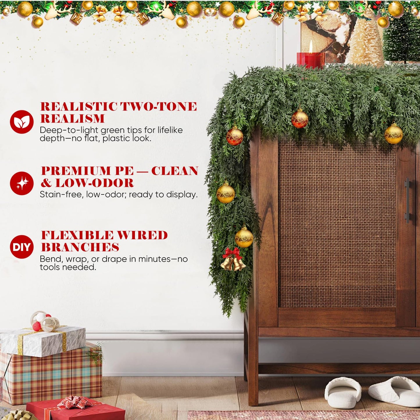 6FT Thick Christmas Garlands with 168 Cedar Branches, Real Touch Green Cedar Garland for Christmas Decorations, Artificial Greenery Garland for Table, Mantle, Wall, Indoor, Outdoor Holiday Decor