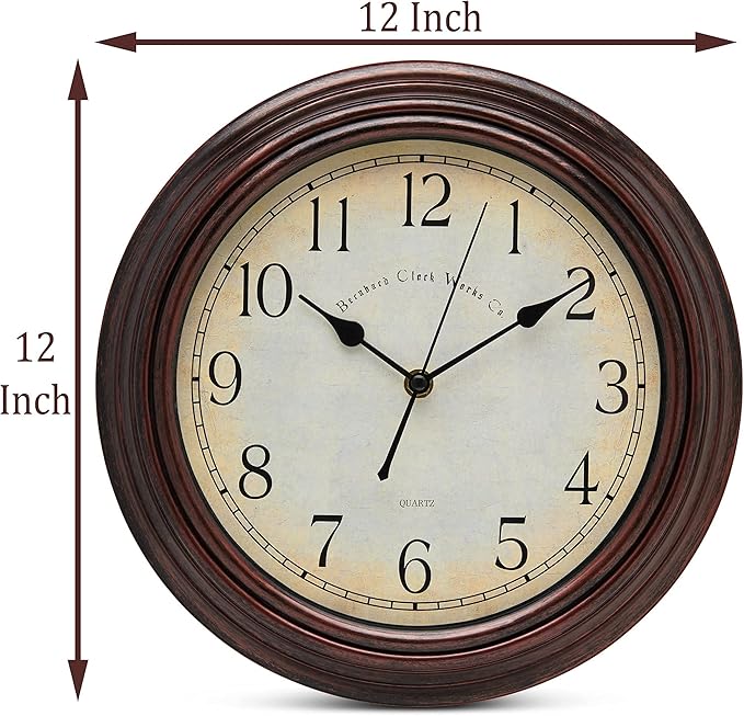 Bernhard Products Vintage Wall Clock Silent Non Ticking - 12 Inch Quality Quartz Battery Operated Decorative Brown Clock for Home Kitchen Living/Dining Room Office Decor, Easy to Read, Rustic Bronze