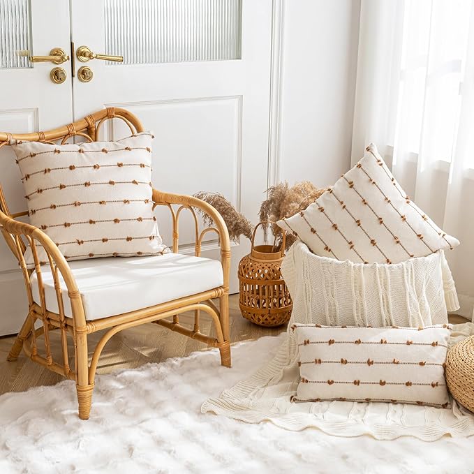 Boho Throw Pillow Covers 20x20 Set of 2 Modern Farmhouse Decorative Cushion Case Tufted Square Pillows Cover Neutral Pillow Cases Accent Pillowcase for Sofa,Couch,Bed,Beige and Brown