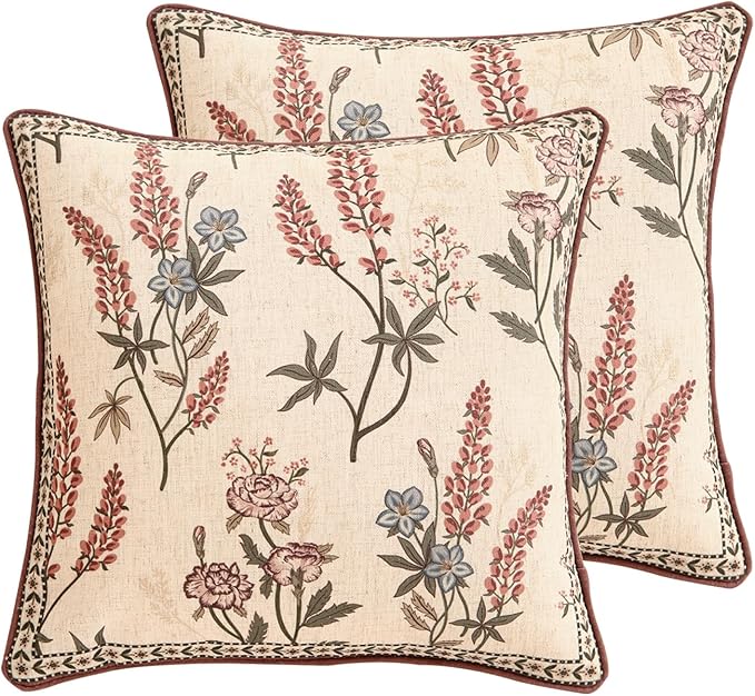 Design Linen Vintage Throw Pillow Covers 18"x18" Pack of 2, Square Cushion Covers with Blue Pink Flowers Green Leaves Pattern Decoration Pillowcases for Bed,Living Room,Outdoor,Car
