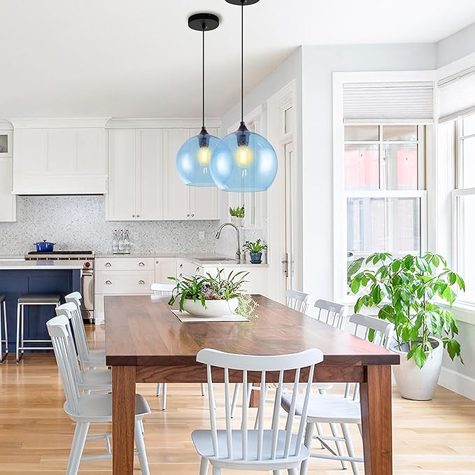 Blue Pendant Lights Kitchen Island Lighting Modern Globe Hand Blown Glass Pendant Light Ceiling Hanging Light fixtures for Kitchen Island Bedroom Living Dining Room Light Fixture,7.8in 2Pack