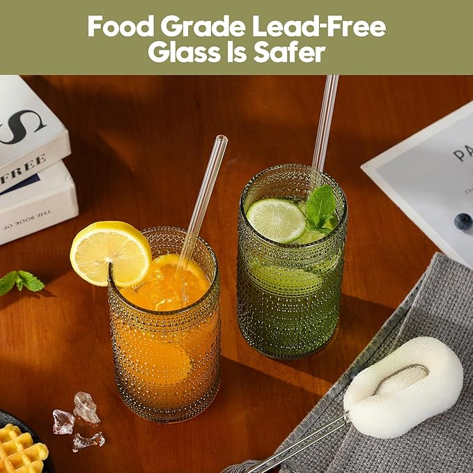 AkutaaVintage Hobnail Drinking Glasses Set of 6, 16 oz Large Capacity Embossed Green Tumblers, Highball Glasses for Water, Cocktail, Beer, Whiskey, Kitchen & Bar Use