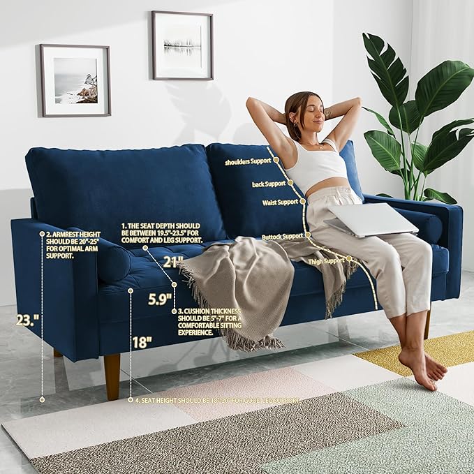 Modern Sofa,58 Inch Velvet Couch for Living Room,Spring Cushions,Easy Assembly Modern Couches with Throw Pillow for Small Spaces (Space Blue)