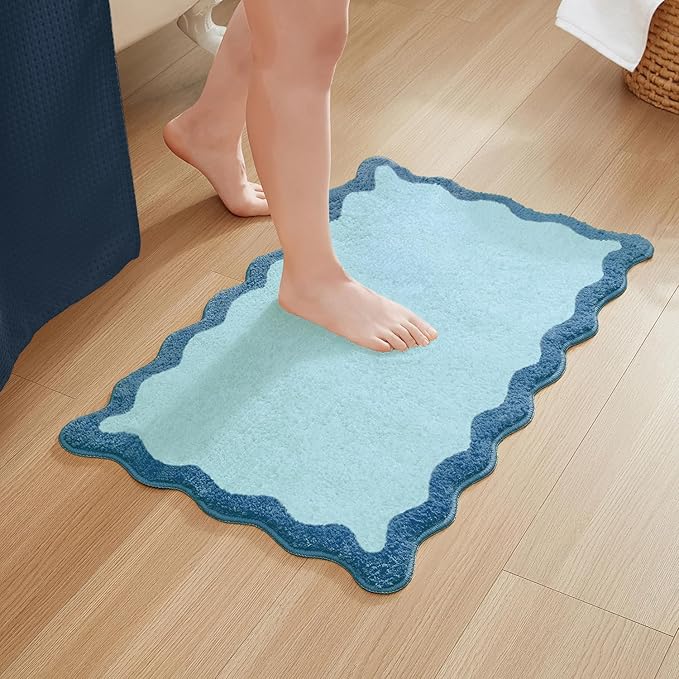 MONDAY MOOSE Bath Mat with Scalloped Wavy Ripple Design, Microfiber Absorbent Non Slip Tufted Rug for Floor, Shower or Kitchen (20x32 inch, Blue)
