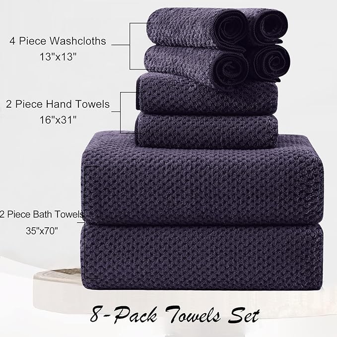 8 Piece Large Purple Family Bath Towel Set-2 Oversized Bath Towel Sheets,2 Hand Towels,4 Washcloths-600GSM Soft Highly Absorbent Quick Dry Beach Chair Towels Woven Towels for Bathroom Hotel and Spa