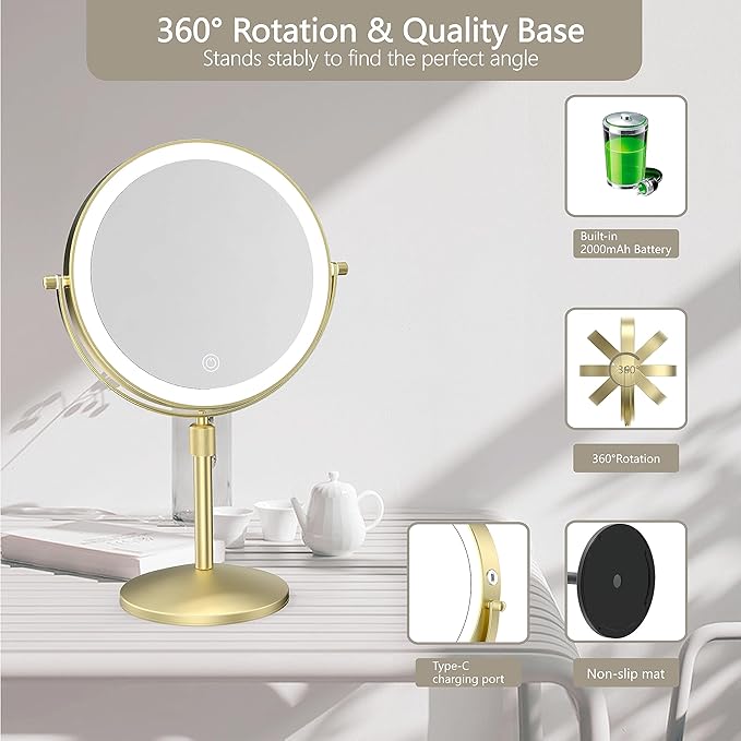 8" Lighted Makeup Mirror, 1X/10X Magnification Mirror with Lights, Double Sided Dimmable Mirrors, Rechargeable & Brightness & Height Adjustable, Cordless Vanity Mirror(Gold)