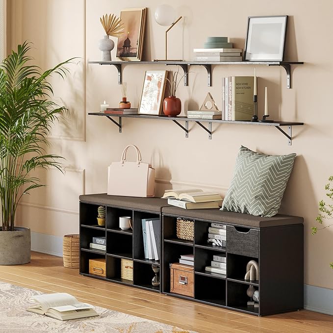 DINZI LVJ Shoe Bench, 9 Cubbies Shoe Organizer for Entryway, Storage Bench with Cushion, Cubby Shoe Rack with Adjustable Shelves for Living Room, Bedroom, Mudroom, Hallway, Espresso
