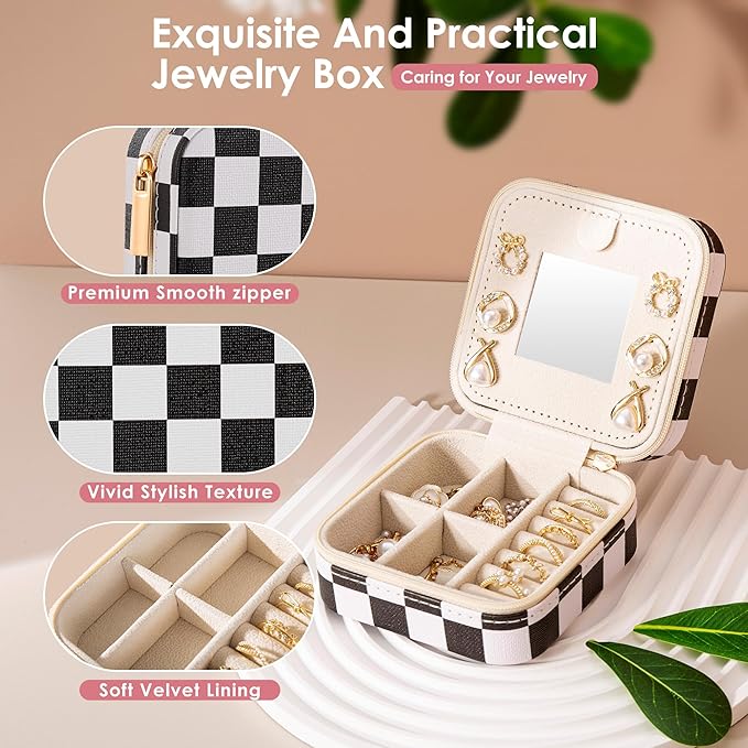 Checkered Travel Jewelry Case, Classic Retro Small Jewelry Box for Women Girl, Trendy Birthday Gradution Gift
