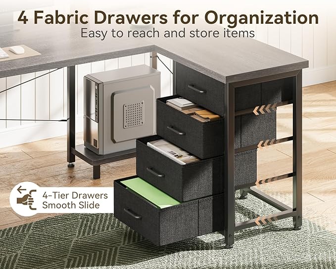 ODK 61'' L Shaped Desk with 4 Drawers, Reversible Corner Desk with Storage, Gaming Table with Power Outlets, USB Ports, PC Case Shelf, Computer Desk for Home Office, Study, Easy Assembly, Gray Oak