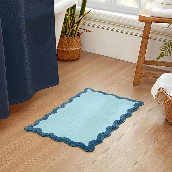 MONDAY MOOSE Bath Mat with Scalloped Wavy Ripple Design, Microfiber Absorbent Non Slip Tufted Rug for Floor, Shower or Kitchen (16x24 inch, Blue)