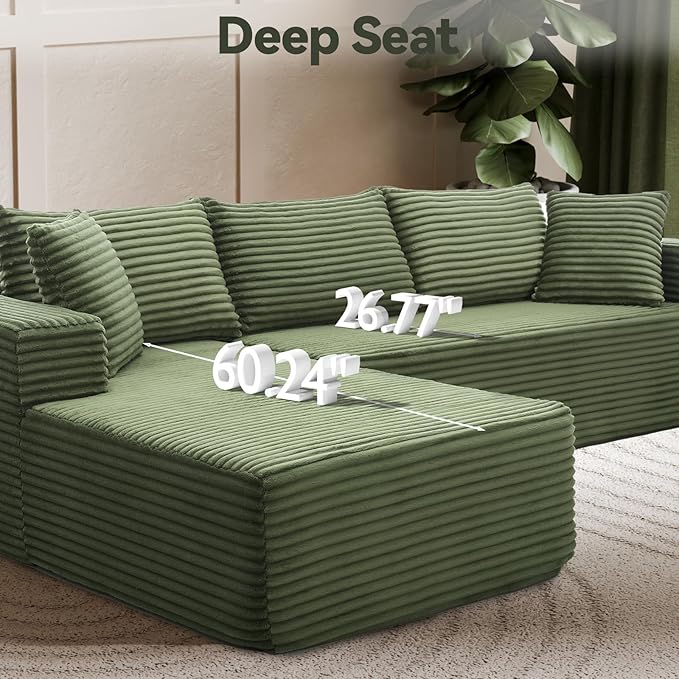 Modern Cloud Modular Sectional Sofa with Chaise, 106" L-Shaped Sofa Couch for Living Room, Deep Seat Plush Boneless Couches, Includes Pillows, Right Chaise, Green