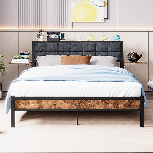 Full Size Metal Bed Frame with Ergonomic Upholstered Headboard and Charging Station, Platform Bed Frame with Storage Shelves, Heavy Duty Metal Slats, No Box Spring Needed, Brown+Grey