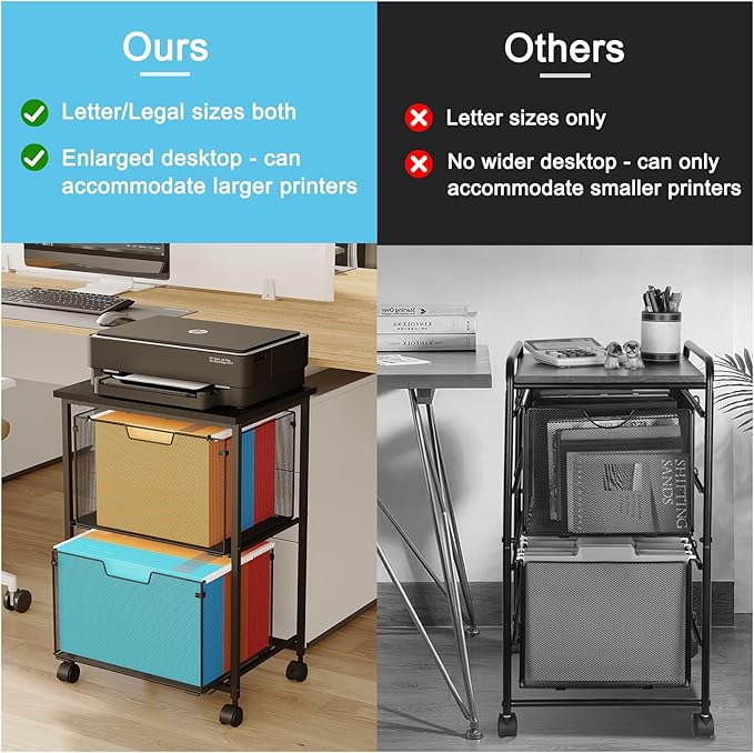 Letter/Legal Rolling File Cart with 2 Storage Drawers, Under Desk Storage, Vertical Filing Cabinet for Home Office, Hanging File Folders Organizer, Mobile Utility Cart Printer Stand, Black