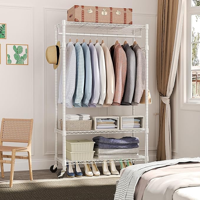 Heavy Duty Rolling Garment Rack 3 Tiers Adjustable Wire Shelving Clothes Rack with Rods and Side Hooks,Storage Closet Clothing Rack with Wheels White 15.7" D x 29.5" W x 74.5" H