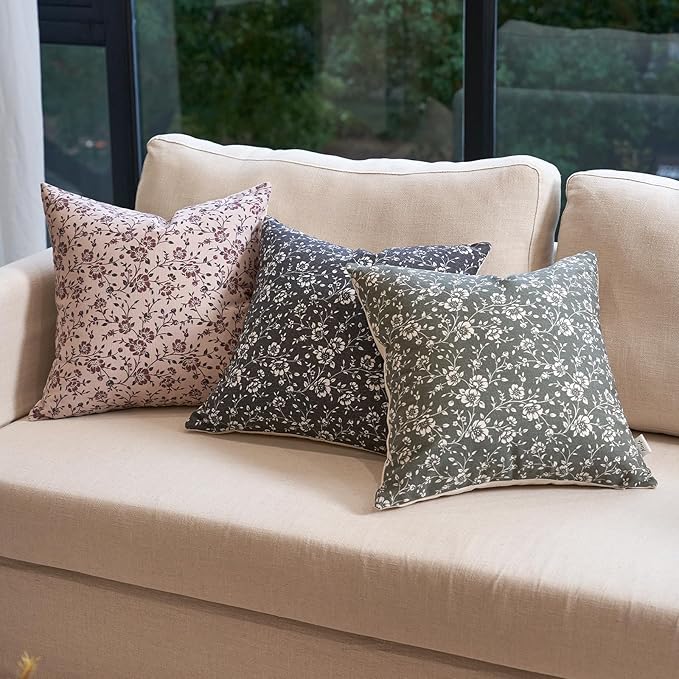 Alerfa Set of 2 Floral Pillow Covers 20x20, Vintage Block Print Throw Pillow Covers Decorative Farmhouse Accent Couch Pillows for Living Room Bedroom, Dark Olive-Green