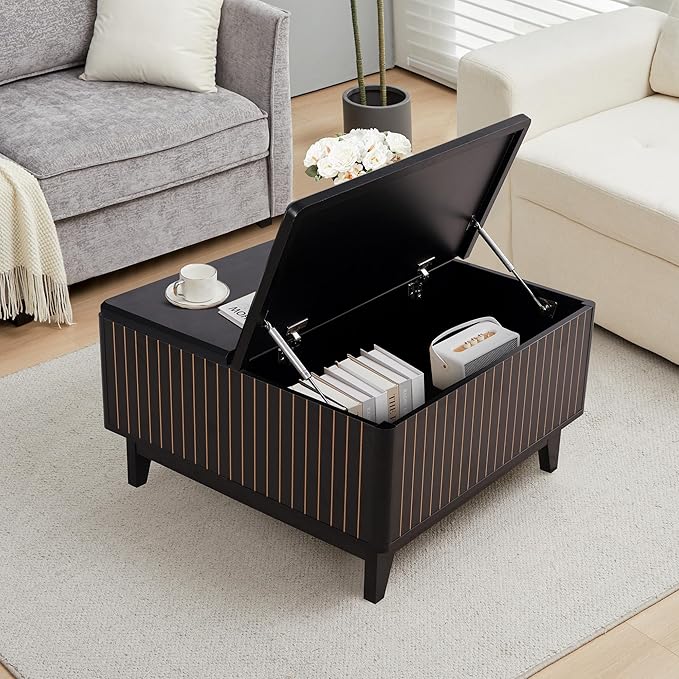 Lift Top Coffee Table, Square Coffee Table with Hidden Storage Compartment, Farmhouse Wood Center Table Dining Table for Living Room, Bedroom, Home Office (Black)
