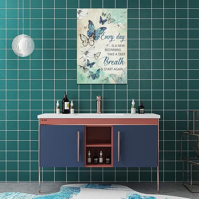 Teal Butterfly Wall Art Floral Decor Farmhouse Pictures Inspirational Quotes Canvas Prints Artwork Modern Home Decorations for Bathroom Girls Bedroom Living Room