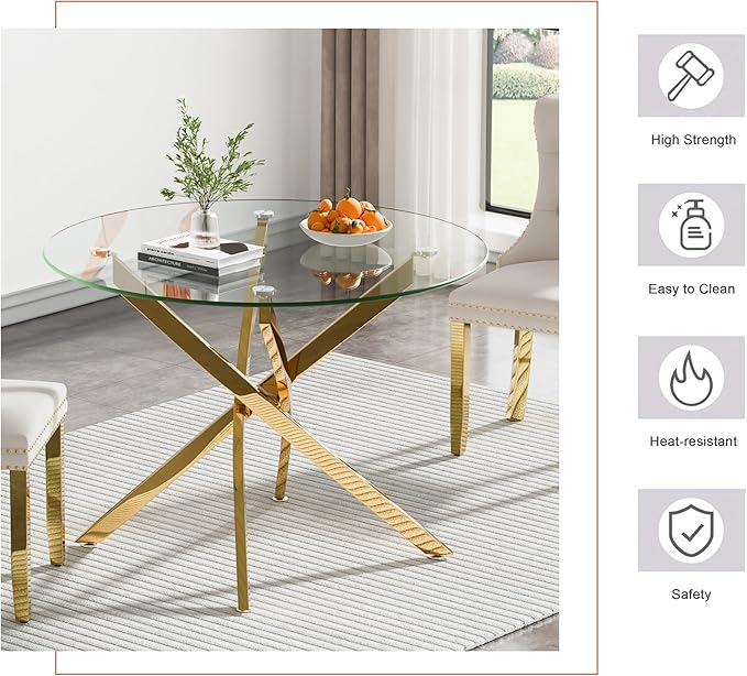 Goujxcy 5 Pieces Round Dining Table Set for 4, Modern Gold Glass Kitchen Table and Chairs for 4 with Upholstered Chairs, Circle Coffee Dining Table Set for Small Space,Apartment,Office