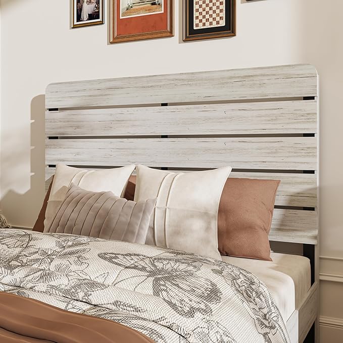 King Size Wooden Bed Frame with Headboard, Boho Platform Bedframe with Wood Slat Support, Sturdy and No Noise, Easy Assembly (Boho White, King)