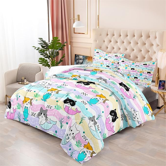 Cartoon Cat Comforter Set for Girls - Full Size Girls Bedding Set for Bedroom - Ultra Soft Warm Cute Mermaid Tail Cat Patterns - 1 Comforter with 2 Pillowcases